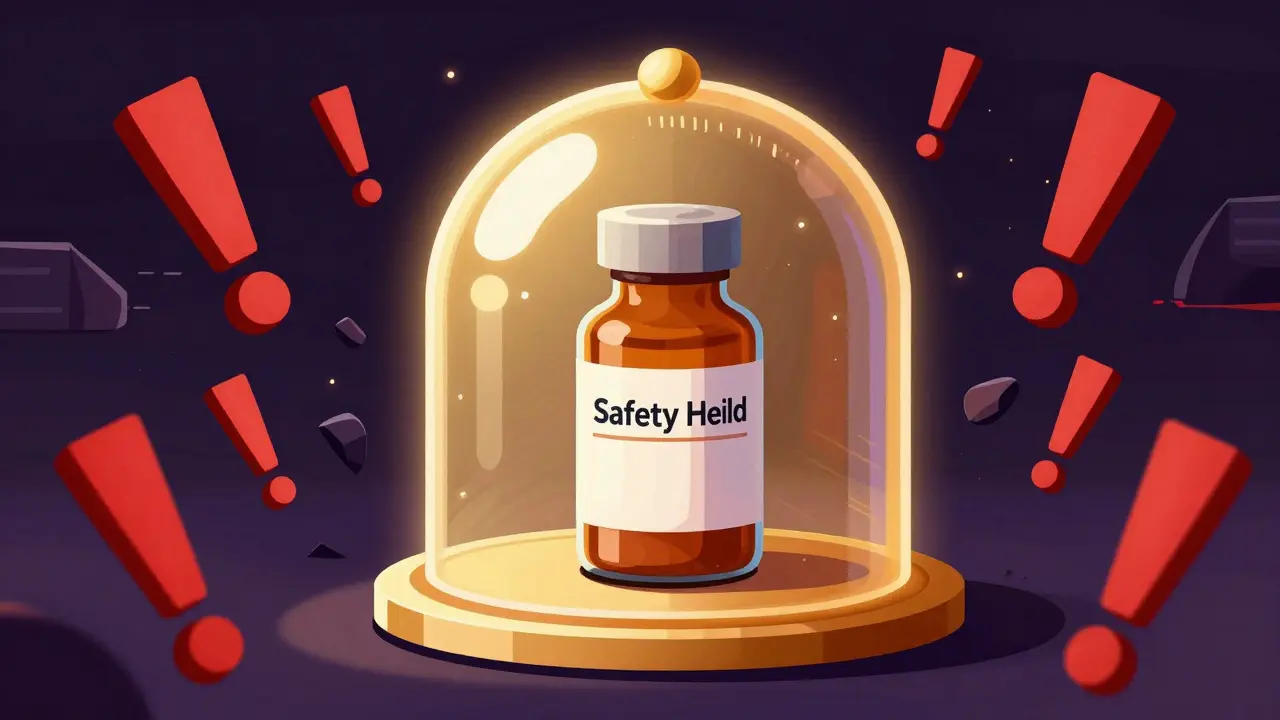 A golden protective shield guarding a medicine bottle from red warning symbols