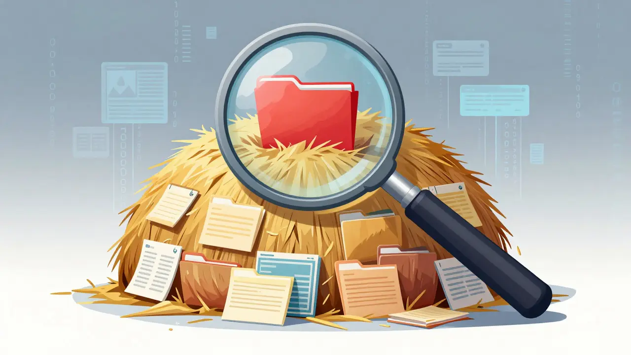 A magnifying glass finding a single red folder in a massive pile of medical records.