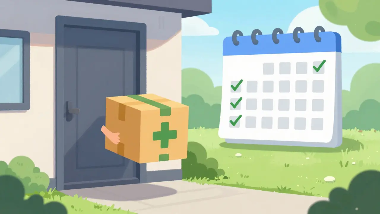 A medical delivery package arriving at a home with a calendar showing consistent refills.