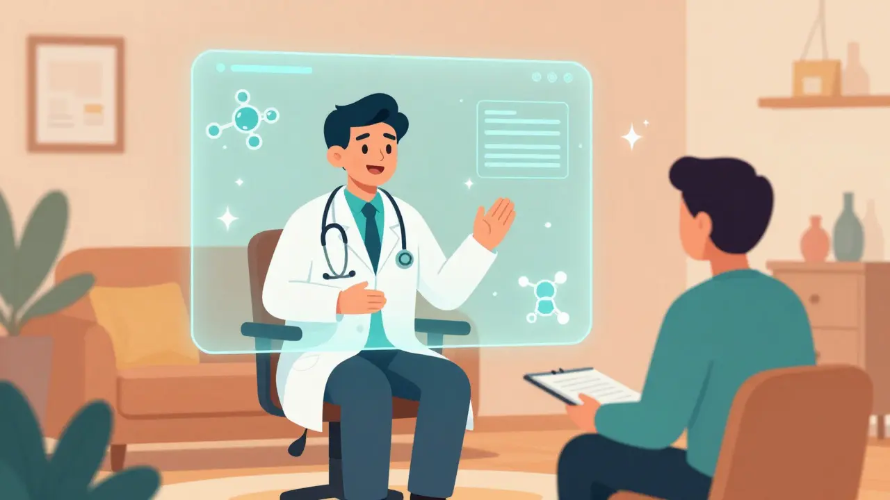 A patient having a friendly telehealth session with a psychiatrist via a holographic screen.