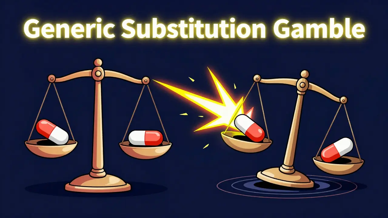 A split-screen illustration showing a balanced scale versus an unstable generic pill.