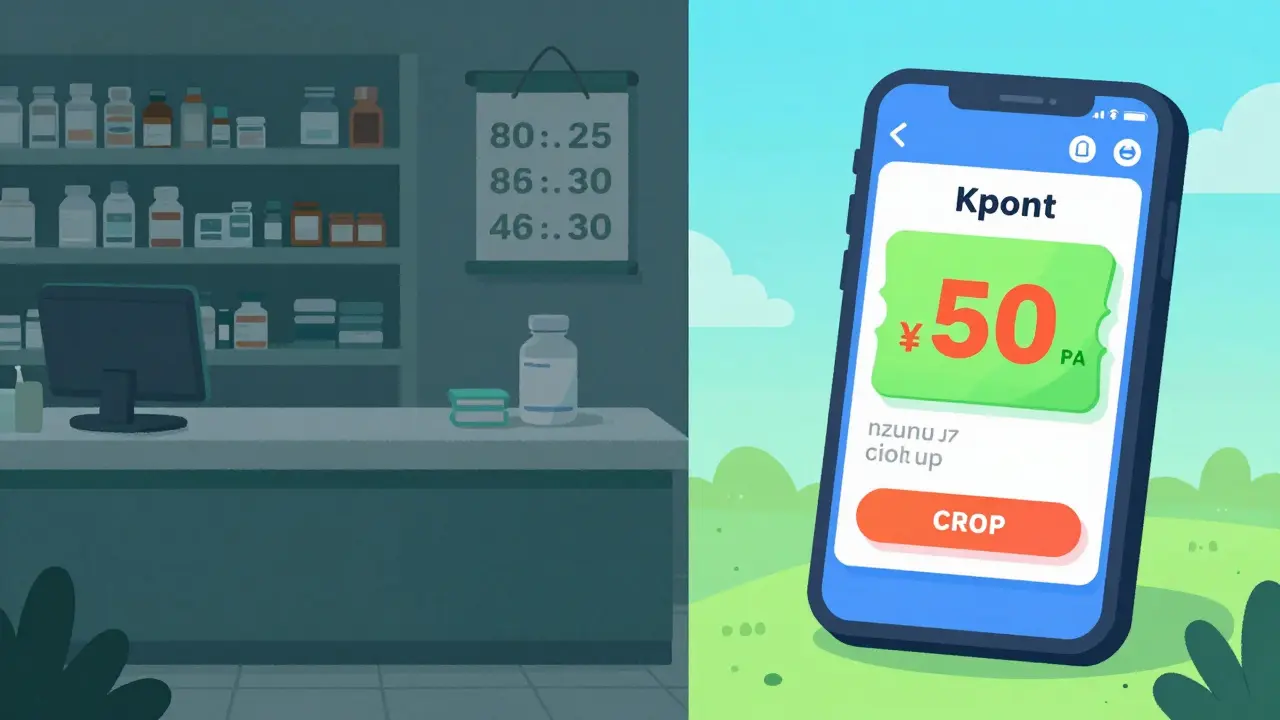 Comparison between a high-priced pharmacy counter and a low-priced digital coupon on a phone.