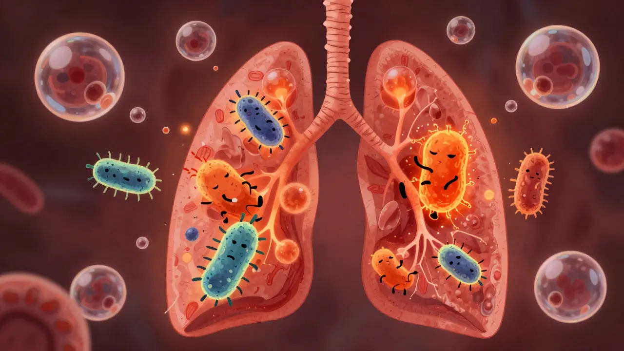 Concept art of active TB bacteria breaking free and spreading through the lungs into the air.