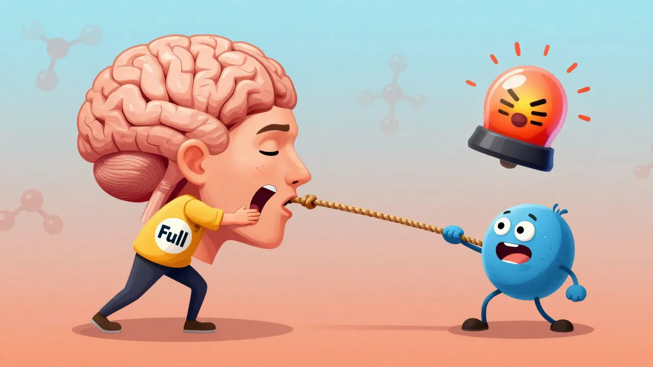 Conceptual art showing the struggle between leptin and ghrelin hormones in the body.