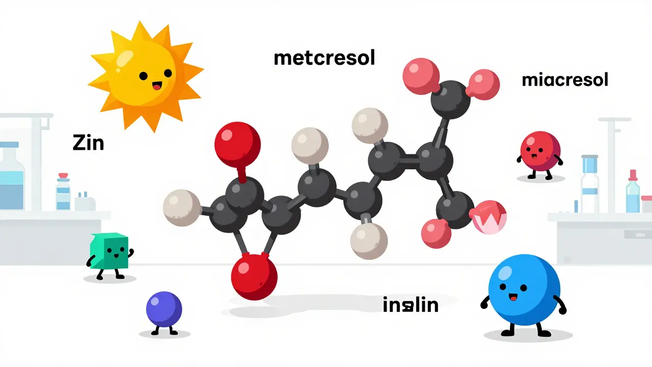 Conceptual illustration of insulin molecules and preservative additives.