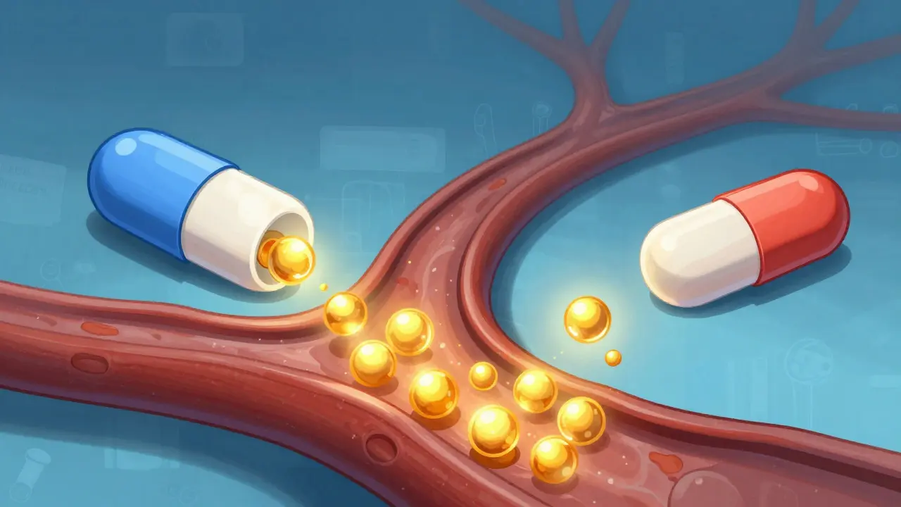 Conceptual illustration showing two identical drug absorption patterns in a bloodstream.