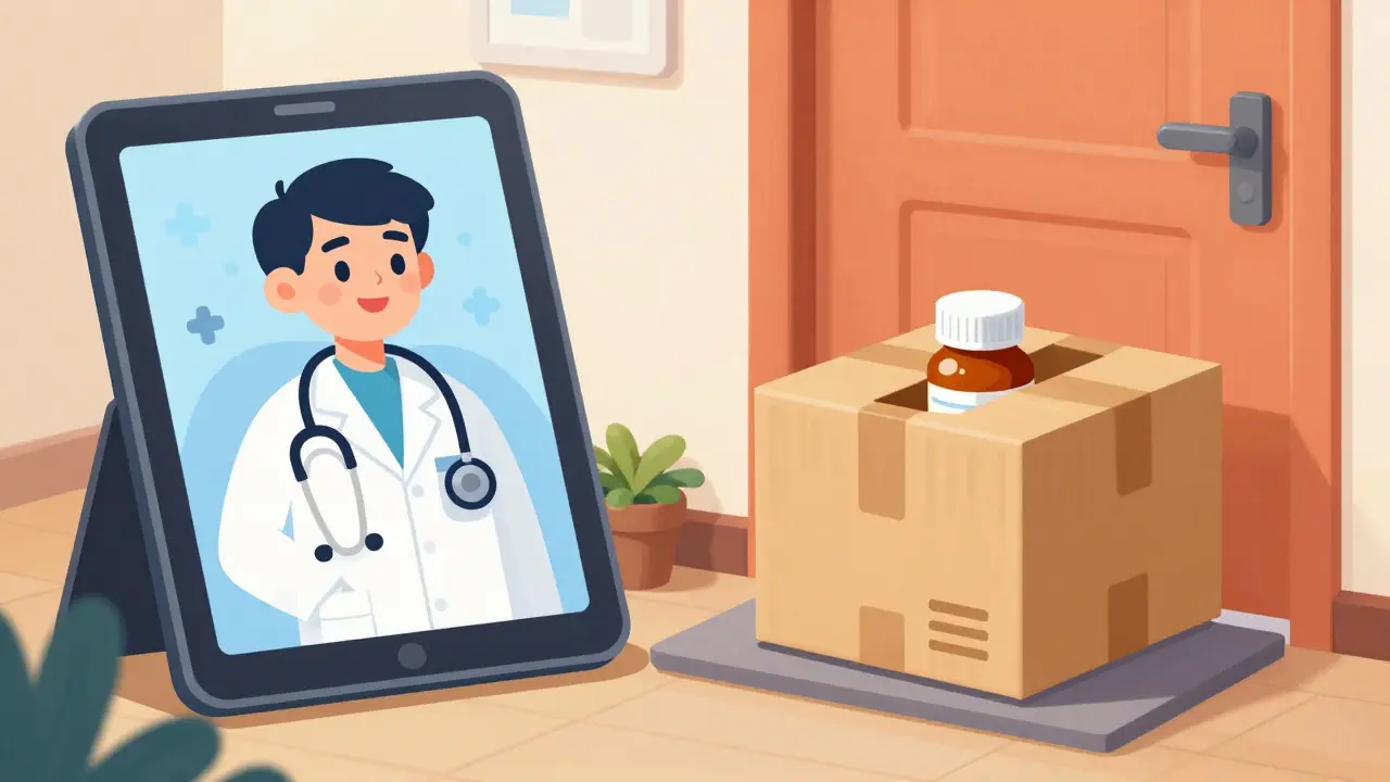 Digital doctor on a tablet screen and a pharmacy delivery box at a home doorstep