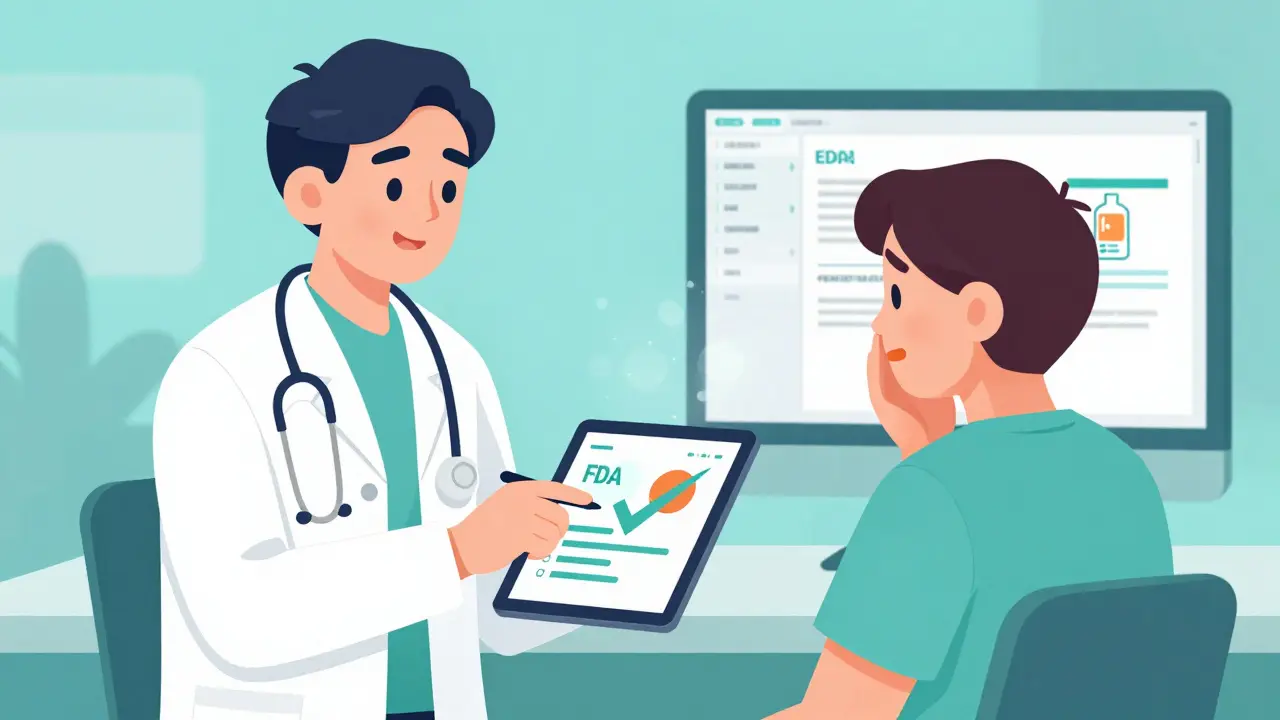 Doctor showing a patient a generic drug infographic on a tablet in a modern office.