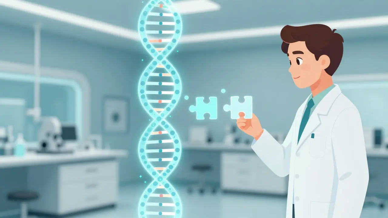 Holographic DNA helix forming puzzle pieces to represent personalized medicine.