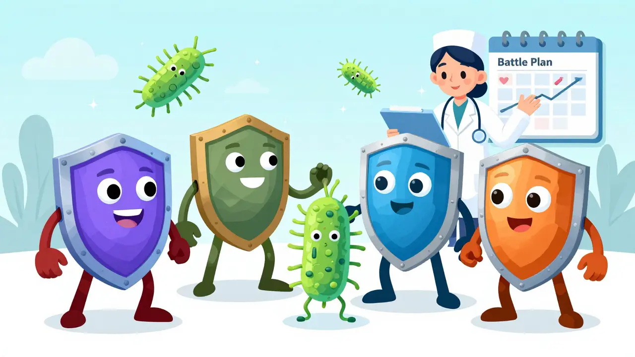 Illustration of four different TB medications working together to eliminate bacteria with medical support.