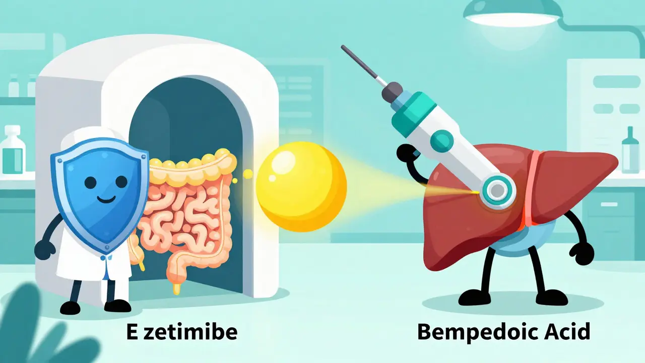 Illustrations of a gatekeeper in the gut and a precision tool in the liver blocking cholesterol.