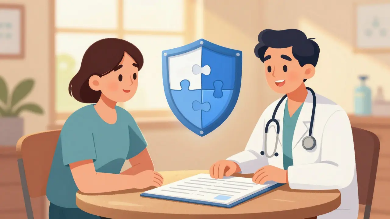 Patient and doctor collaborating at a table with a protective shield symbolizing safety protocols.