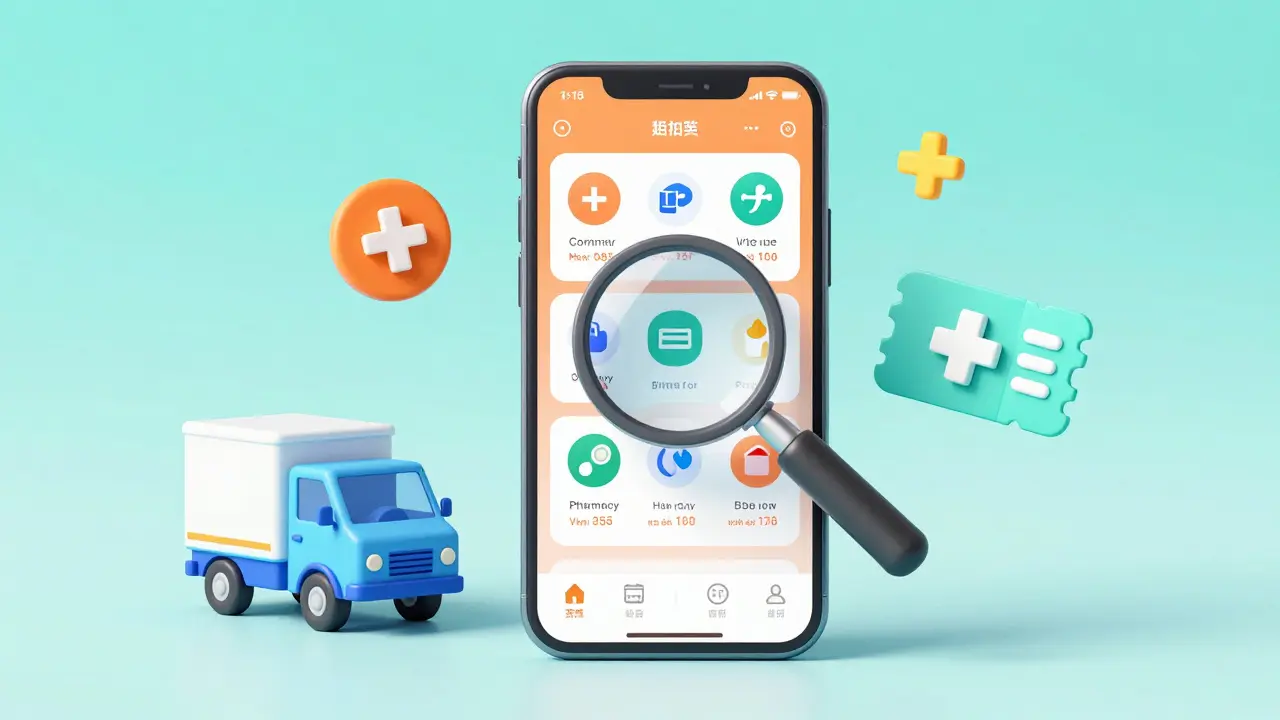 Smartphone interface showing digital pharmacy price comparisons and delivery icons.