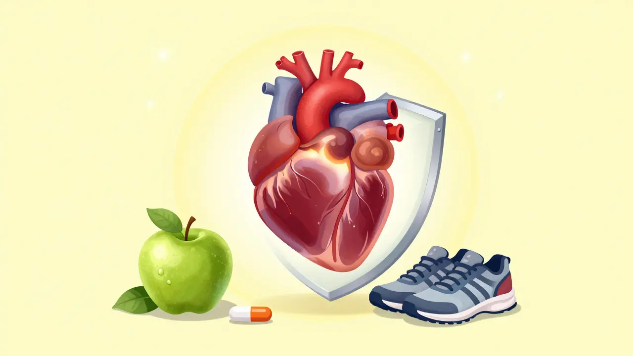 Stylized heart surrounded by a healthy diet, exercise gear, and medication.