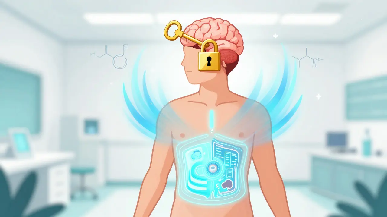 Stylized image of a medical intervention resetting the brain's satiety signals with a golden key.
