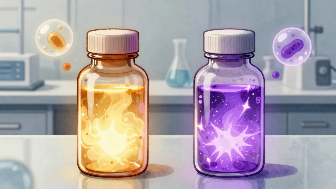 Two medicine bottles emitting different colored lights to show generic versus brand consistency differences.