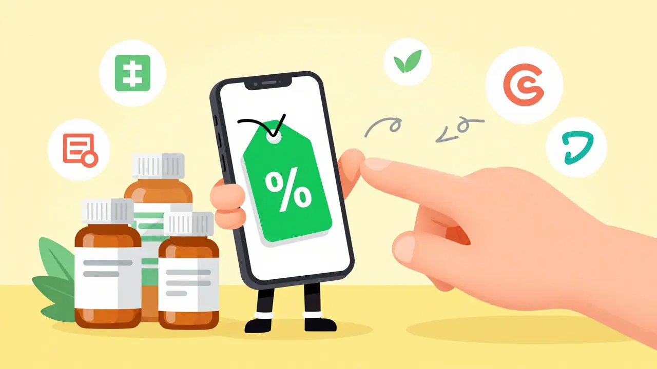 Cartoon character saving money on prescription coupons