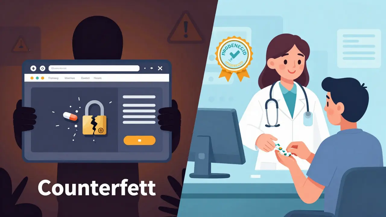 Concept art comparing safe vs unsafe online pharmacies