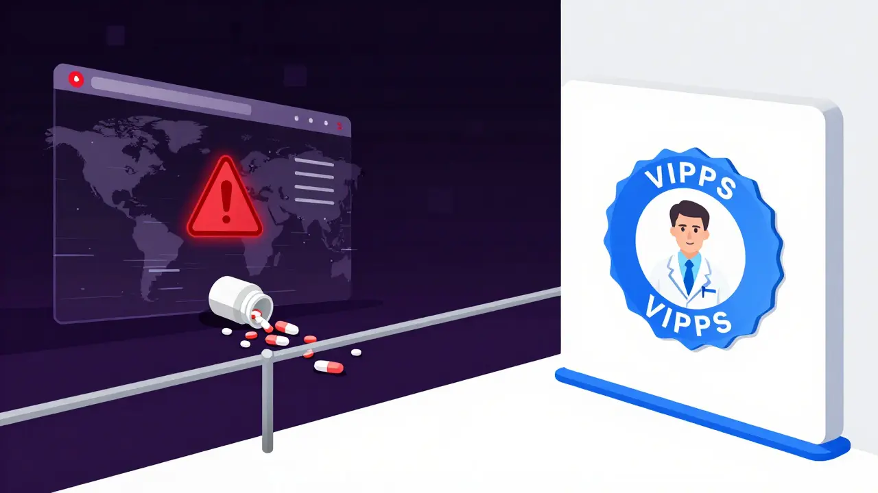 Concept art contrasting dangerous fake pharmacies with verified safe options
