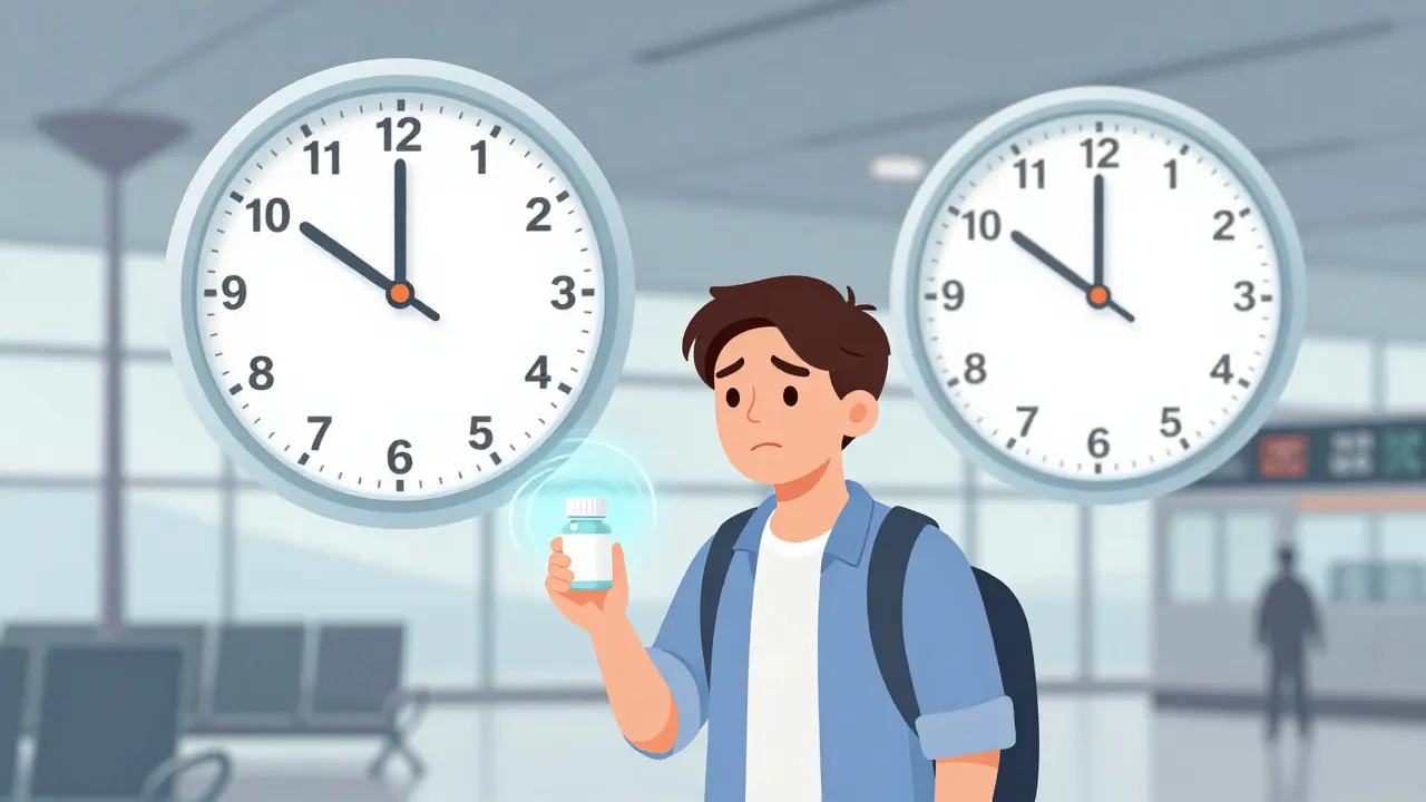 Concept art of a traveler with floating clocks, using melatonin to sync their internal time.