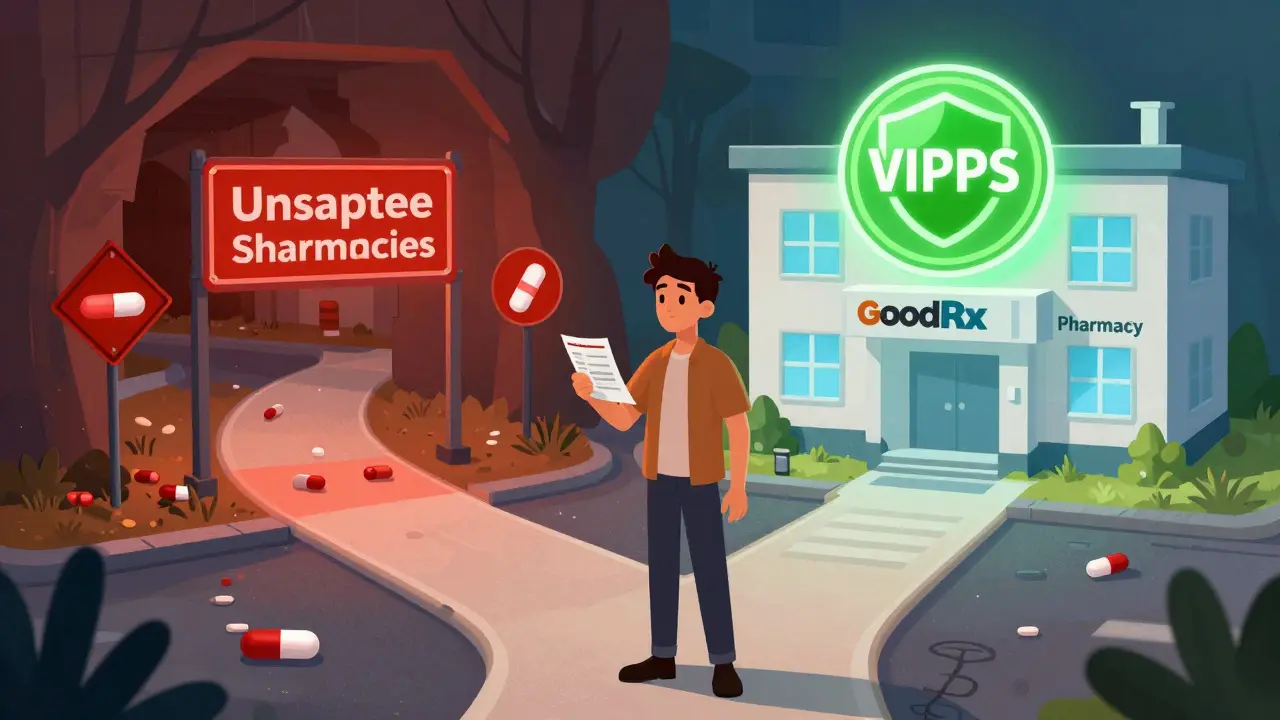 Concept art showing choice between unsafe shady pharmacies and safe verified online options.
