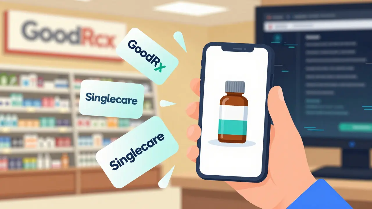 Concept art showing discount cards saving money on prescriptions