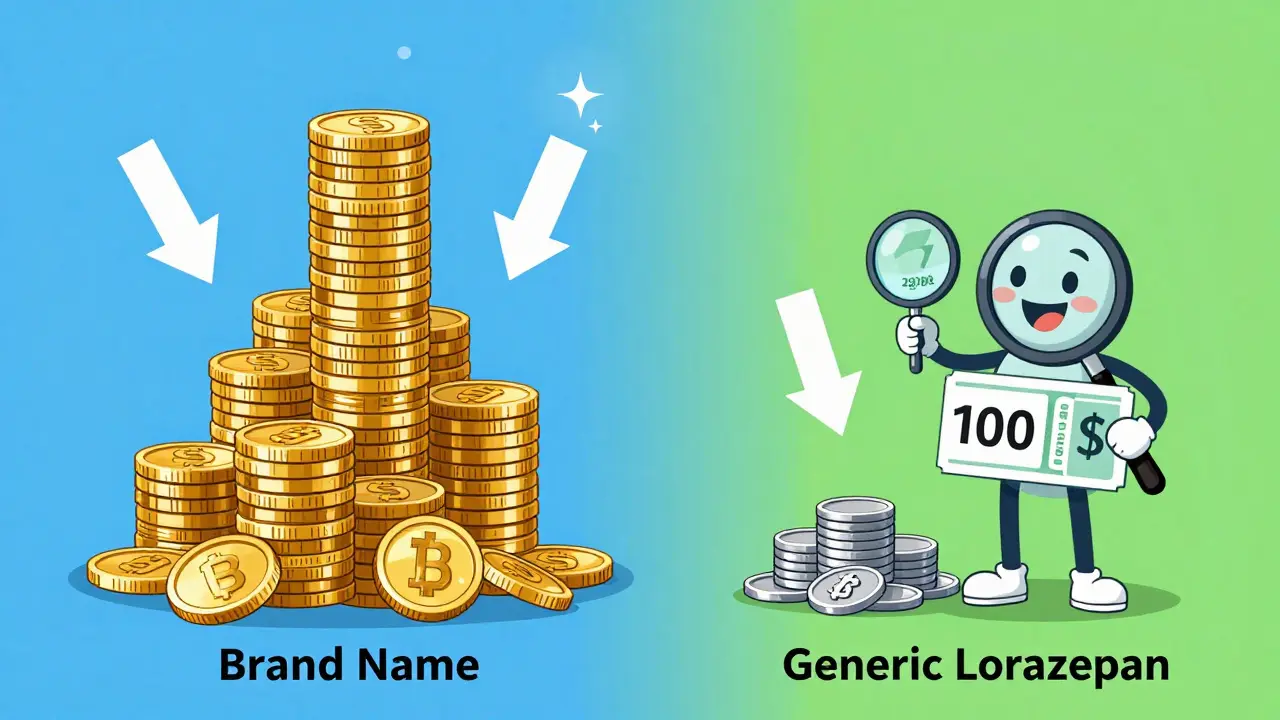 Concept art showing the huge price difference between expensive brand meds and cheap generics.
