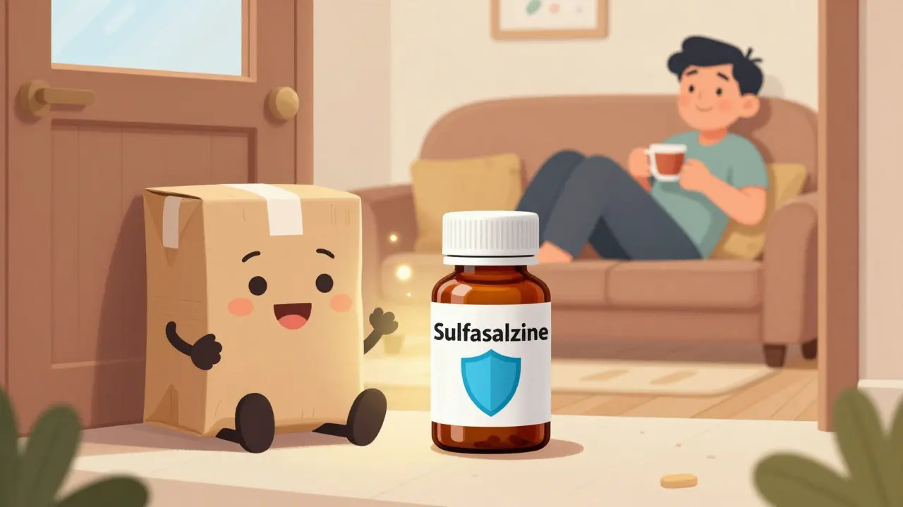 Glowing medicine package on doorstep with relieved patient relaxing nearby.