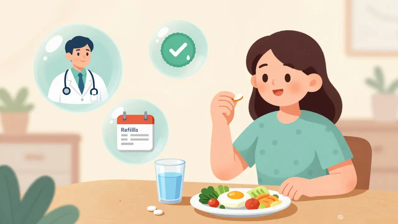 Illustration of a patient safely taking medication with food, surrounded by safety symbols.