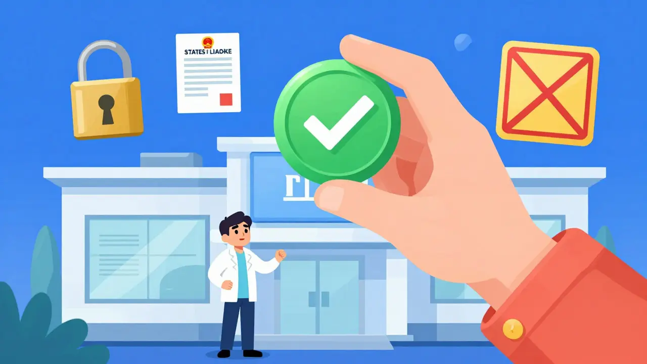 Illustration of a verified safe pharmacy with security badges and legal compliance symbols.