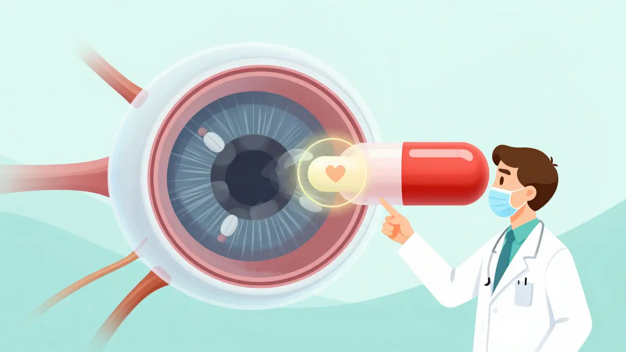 Illustration of pills affecting the internal structures of a human eye.