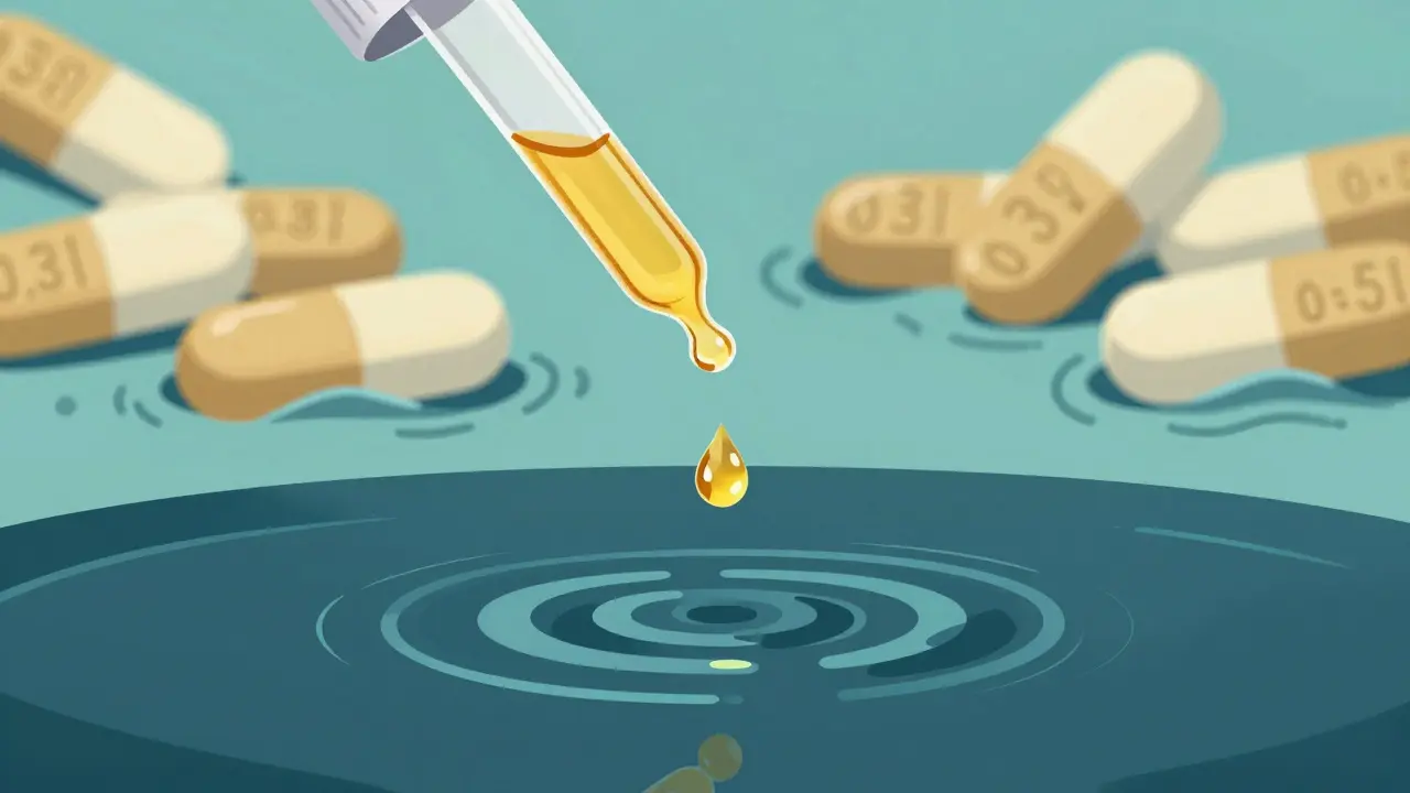 Illustration showing a precise drop of melatonin creating order vs chaotic high-dose pills.