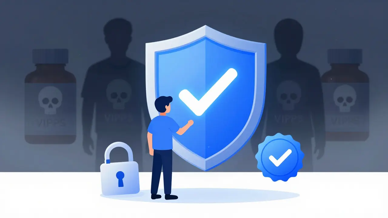 Illustration showing safe online pharmacy verification versus scam warnings