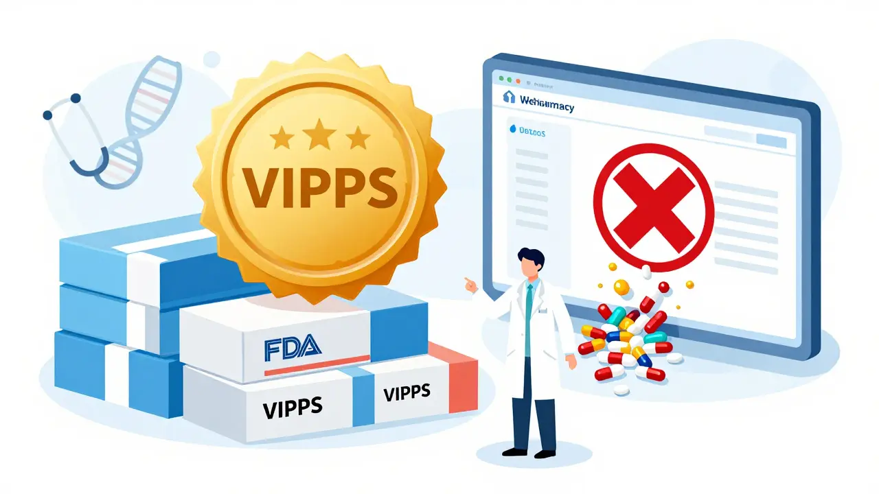 Illustration verifying legitimate online pharmacies with seals