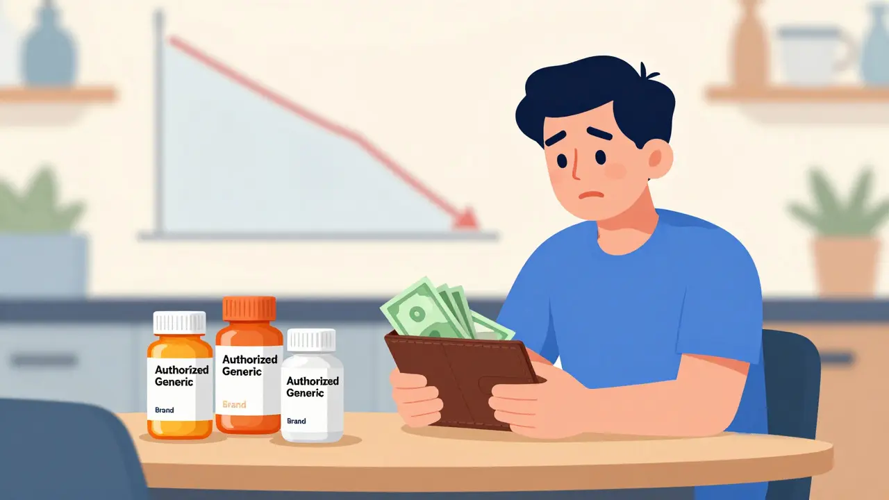 Patient saving money on authorized generics depicted in a colorful cartoon style.