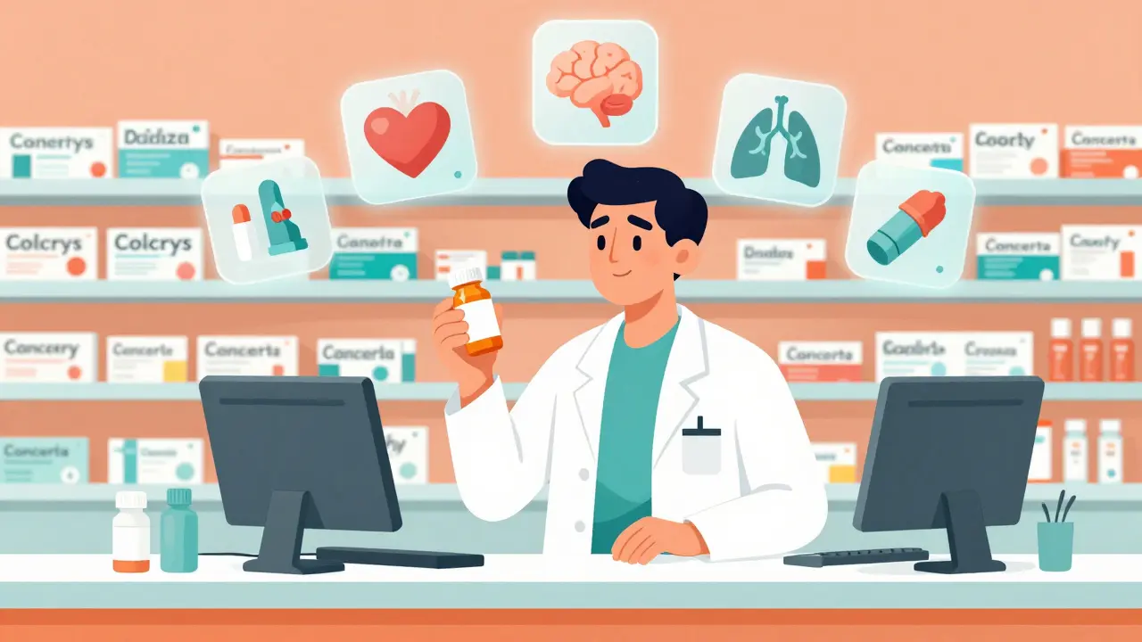Pharmacist reviewing medication options with floating icons for various drug types.