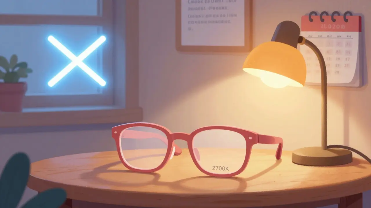 Rose-tinted glasses and warm lighting in a comfortable, eye-safe room.