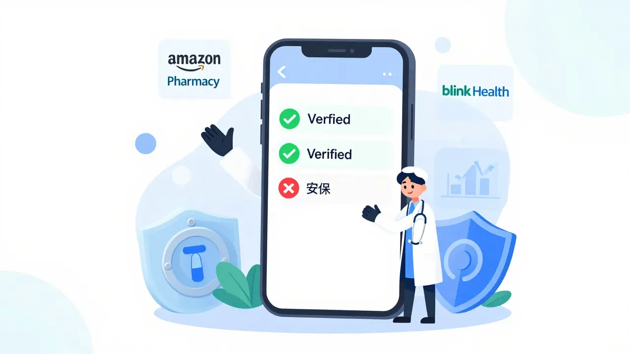 Smartphone assistant comparing safe pharmacy options with price tags and shields.