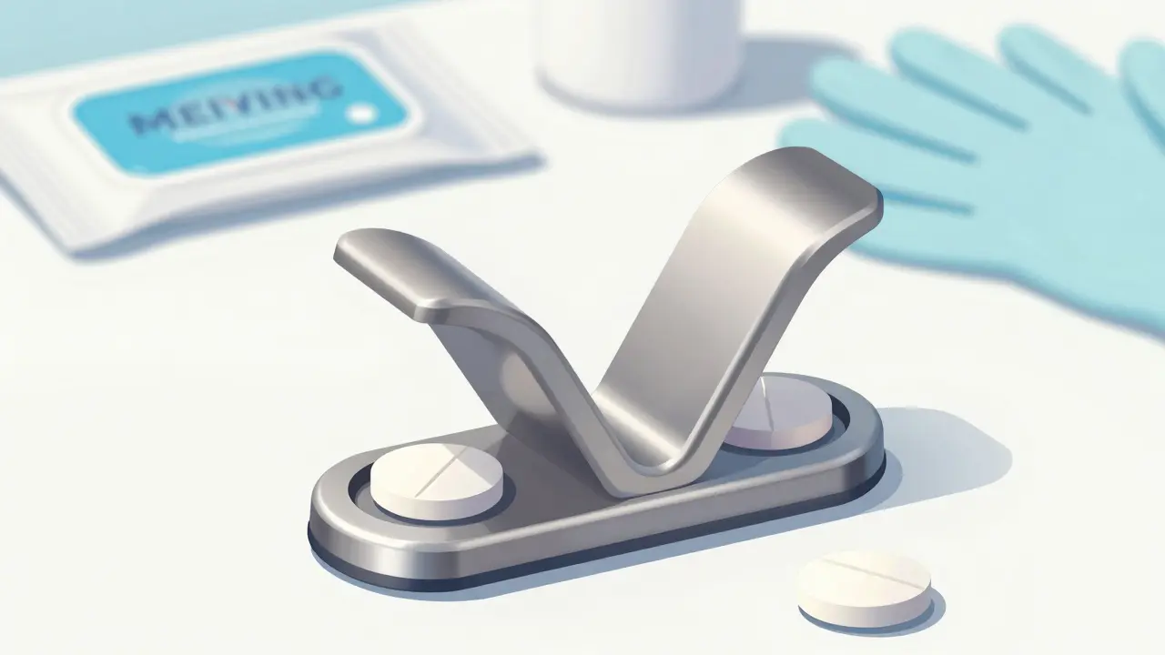 A precise pill splitter holding a scored tablet in a clean, sterile environment