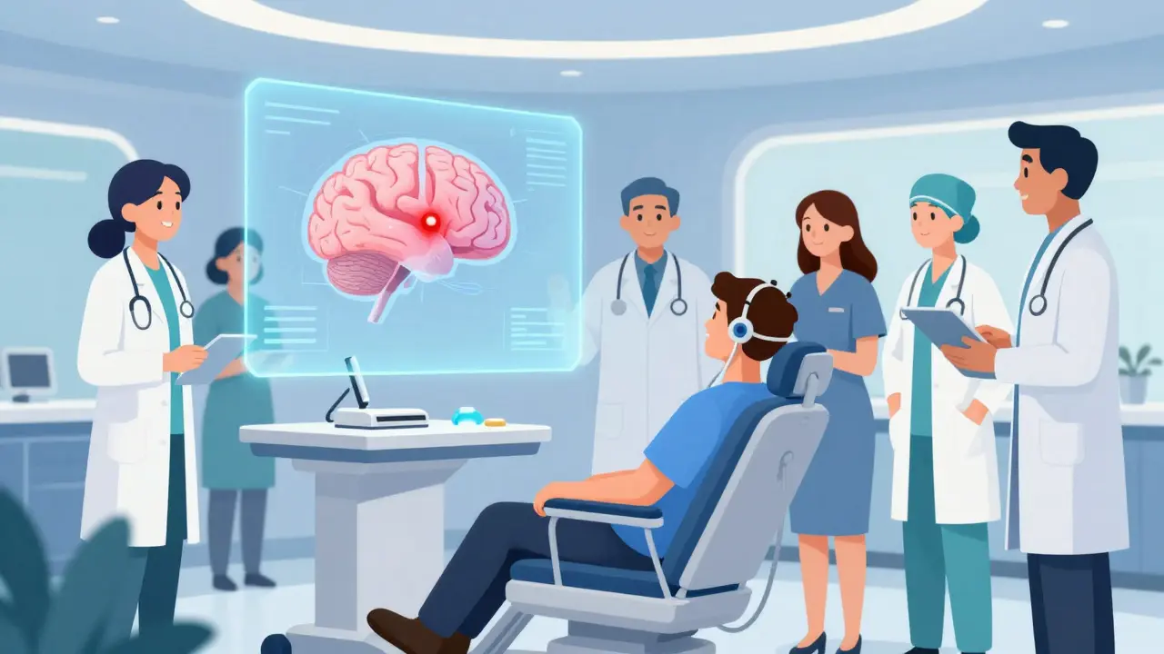 Concept art of a patient undergoing non-invasive brain monitoring in a high-tech clinic.