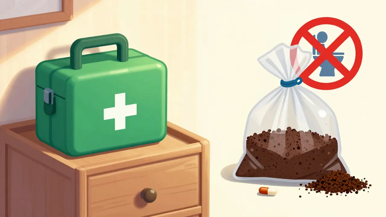 Concept art showing safe med storage in drawer and disposal method