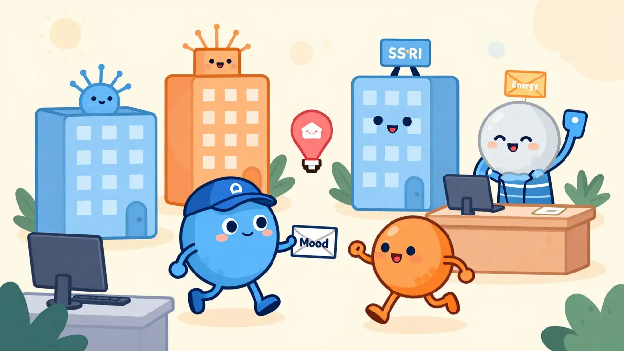 Cute neurotransmitter characters delivering mood messages in a brain office.