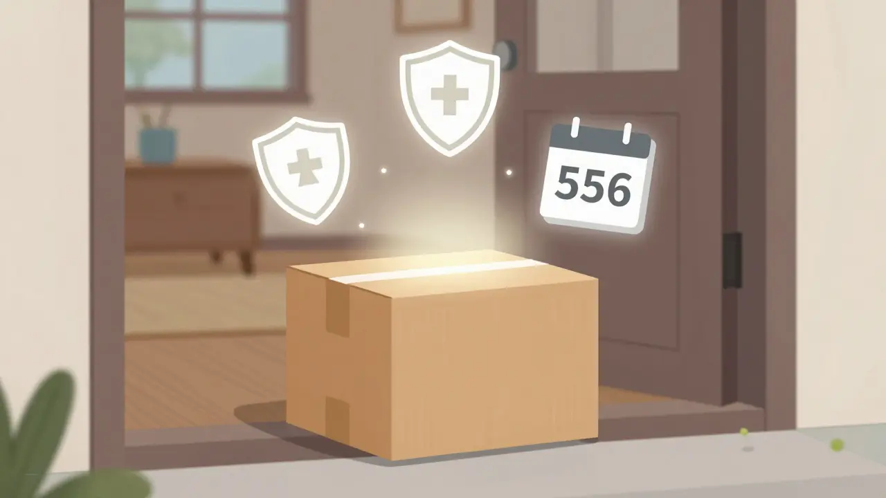 Discreet medication package on doorstep with privacy shield icons around it