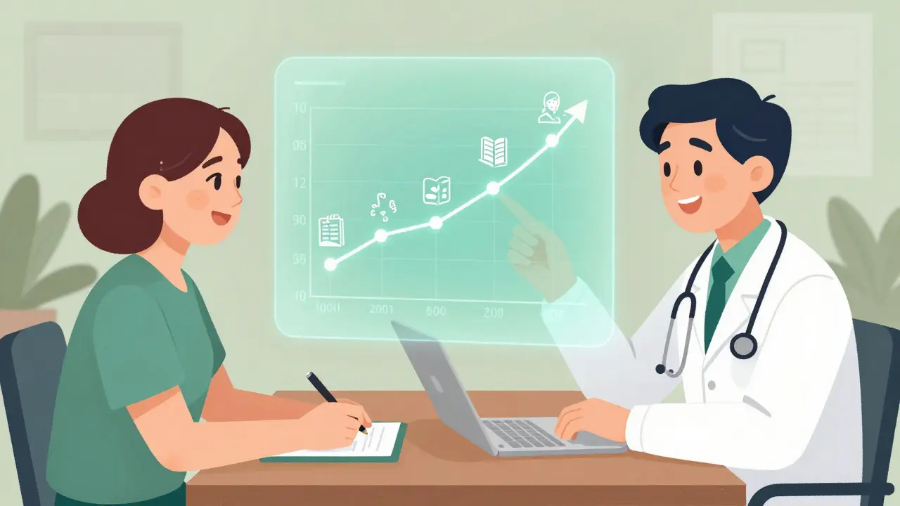 Doctor and patient reviewing a holographic timeline of treatment progress.