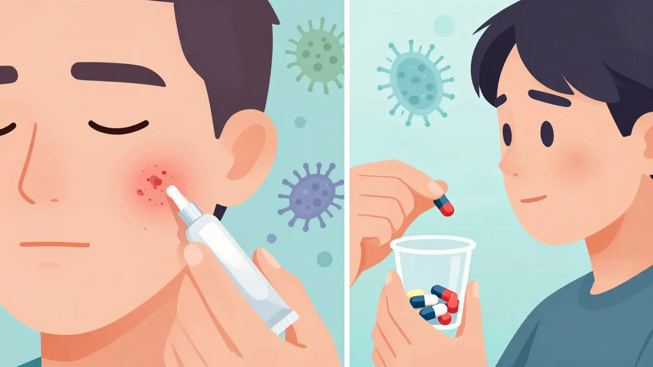 Illustration comparing topical and oral antibiotic treatments