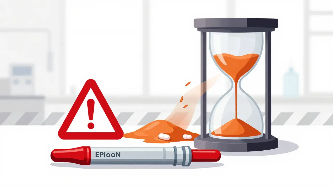 Illustration of expired EpiPen losing potency with warning signs