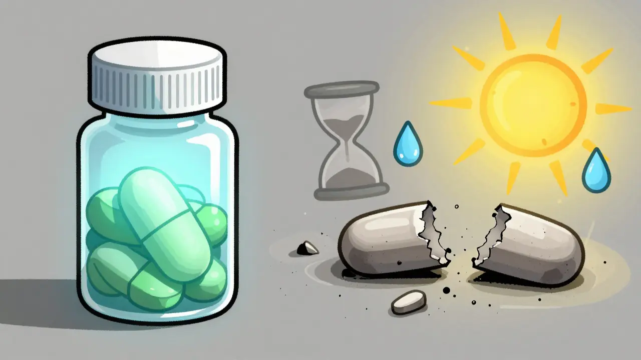 Intact pill glowing vs split pill crumbling due to exposure to air and light