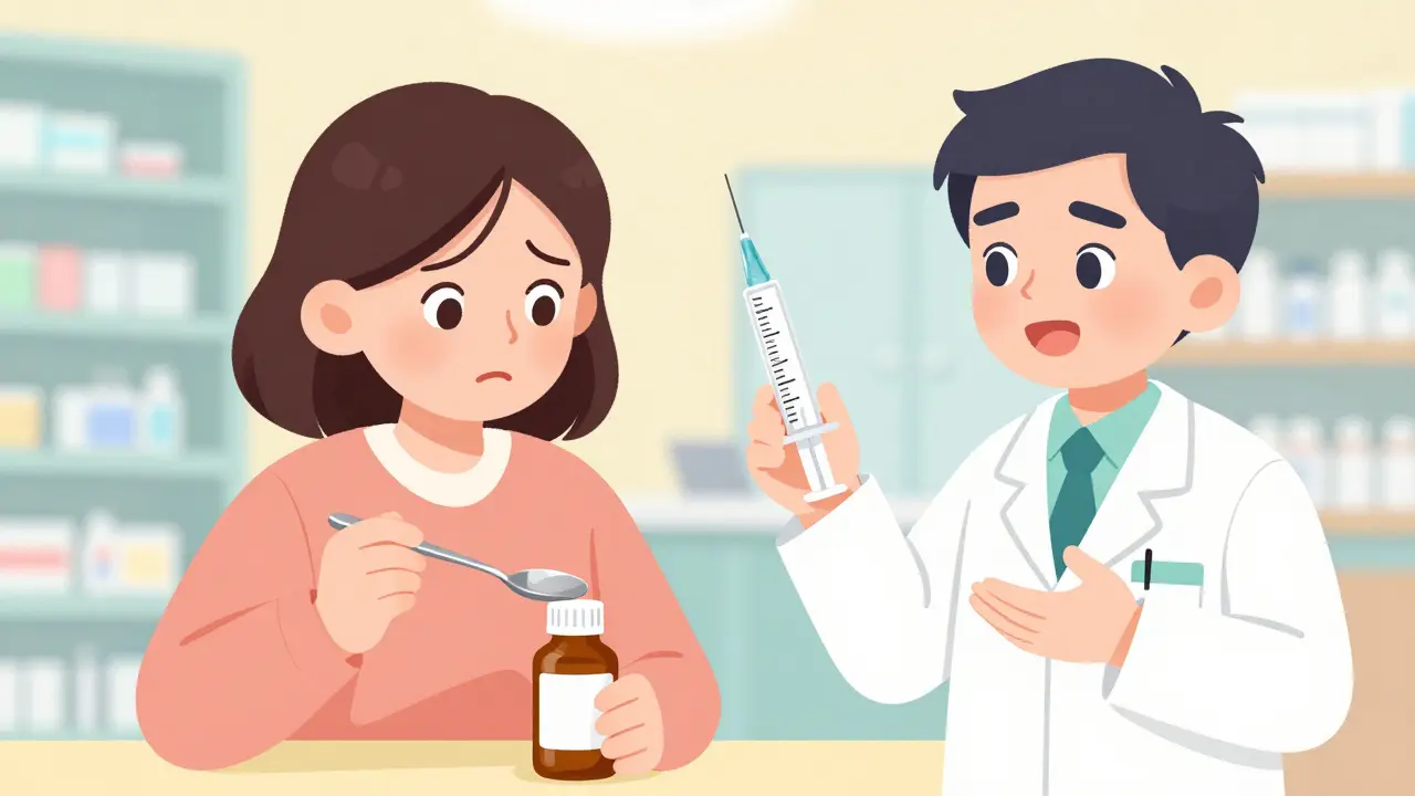 Parent choosing between a kitchen spoon and a medical syringe for medicine.