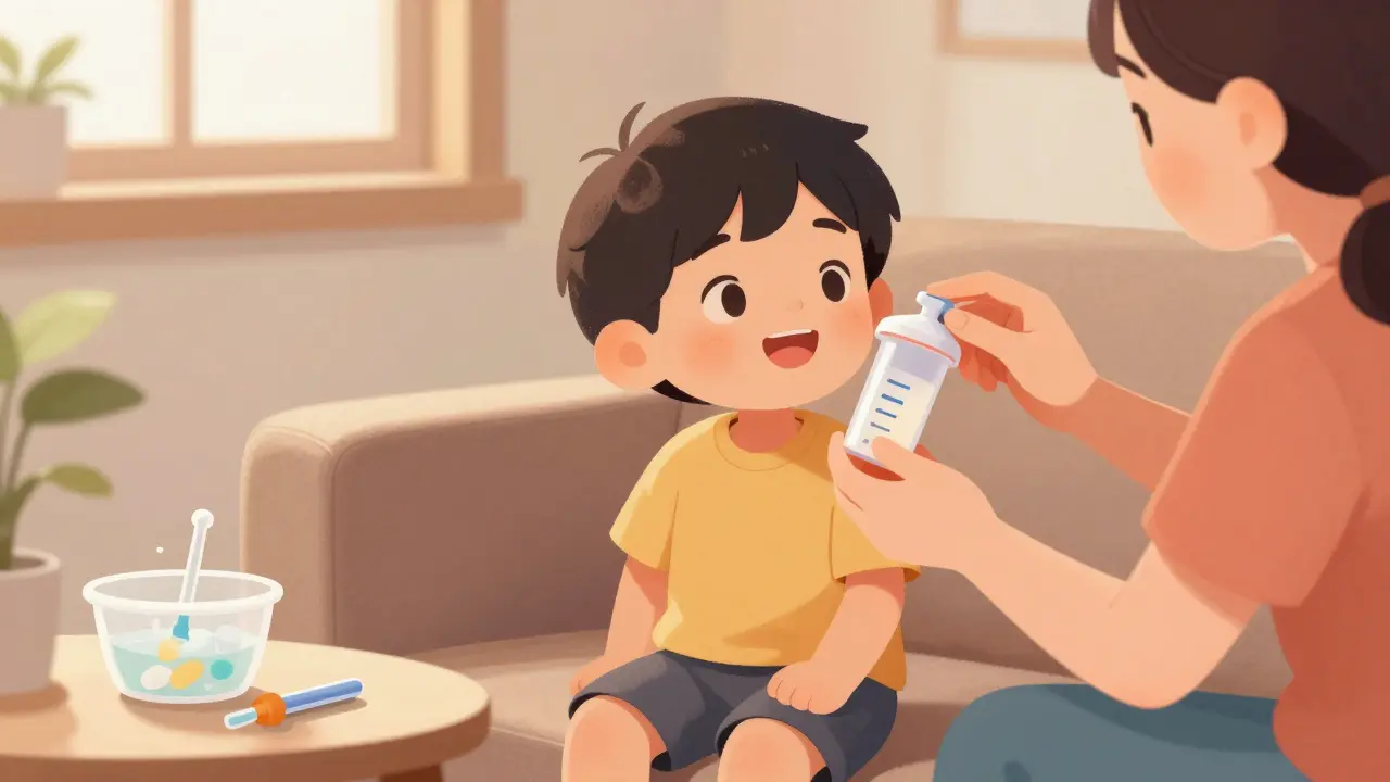 Parent safely administering medicine to a child using a dosing cup.