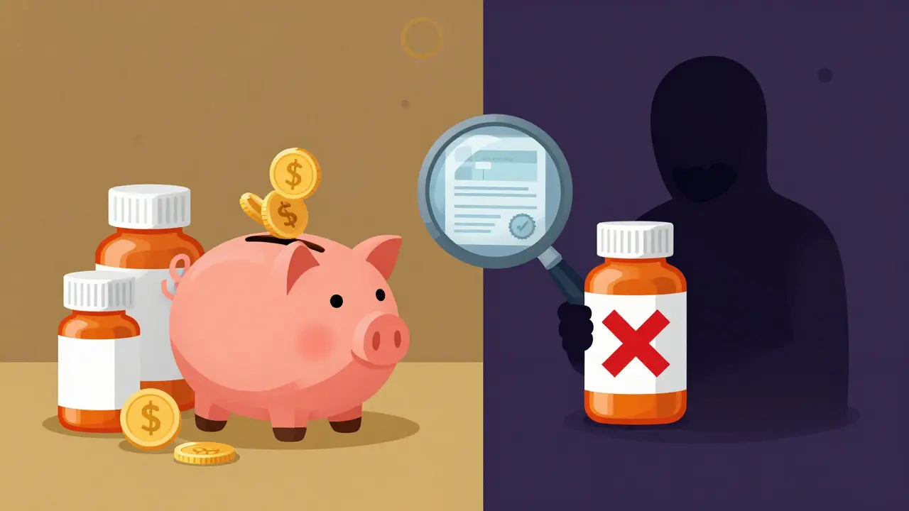 Split illustration comparing affordable generic meds with dangerous counterfeit scams